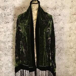Fashion Scarf Burnout Velvet Green & Black Floral Details Scarf with Fringe